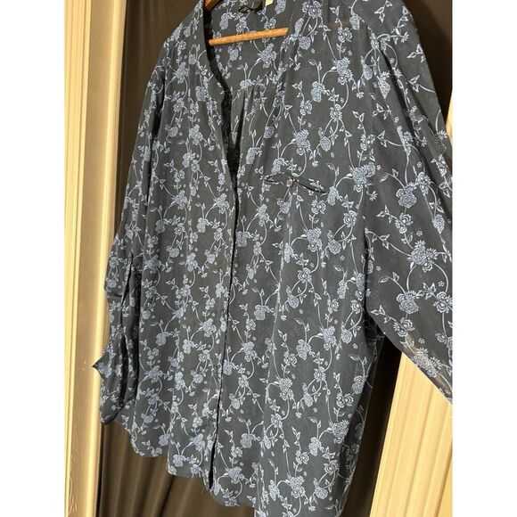 Kut From the Kloth Shirt Womens 3X Floral Sheer Button Up Blue Roll Tab - Picture 2 of 6